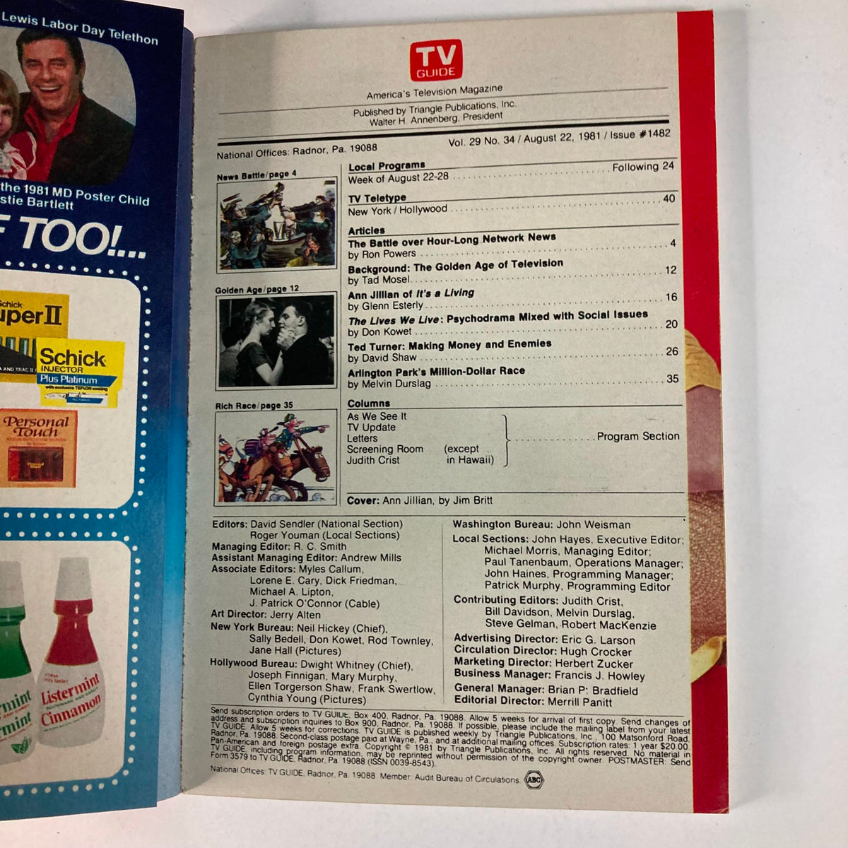 Inside page of TV Guide Magazine from August 22, 1981, issue number #1482 featuring articles, program listings, and the cover star Ann Jillian. This vintage magazine reflects the television landscape of the early 1980s.