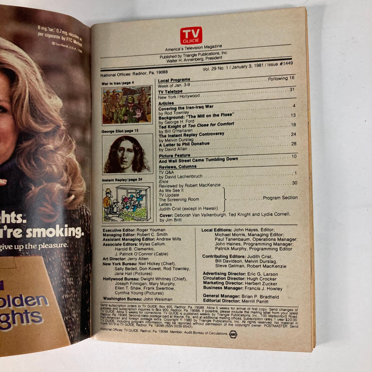 Inside page of TV Guide Magazine January 3, 1981, #1449 displaying contents and features, providing a glimpse into 1980s television programming.