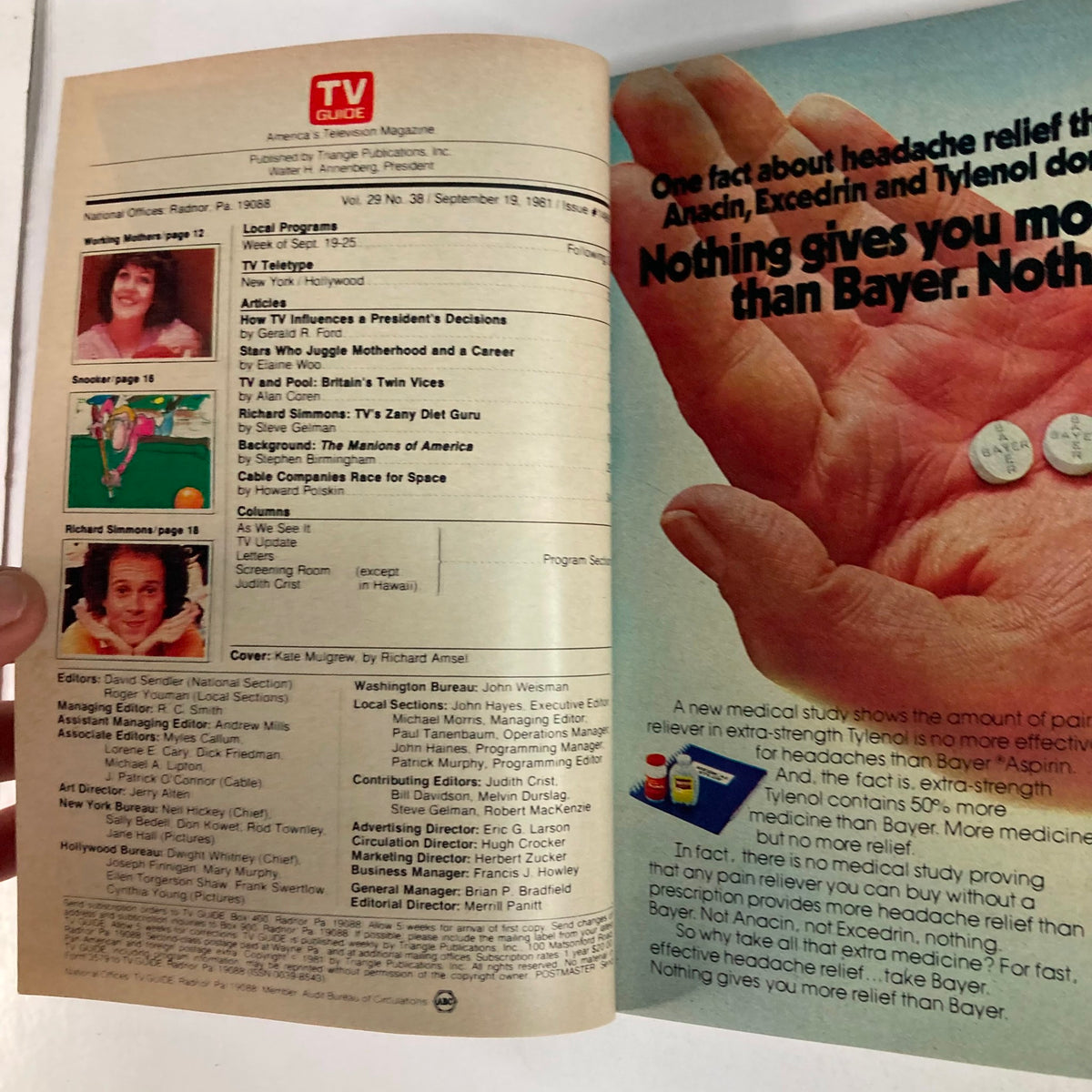 Interior page of TV Guide Magazine September 19, 1981, highlighting articles and news including Kate Mulgrew featured on the cover. This edition provides insight into popular TV programs of the time.