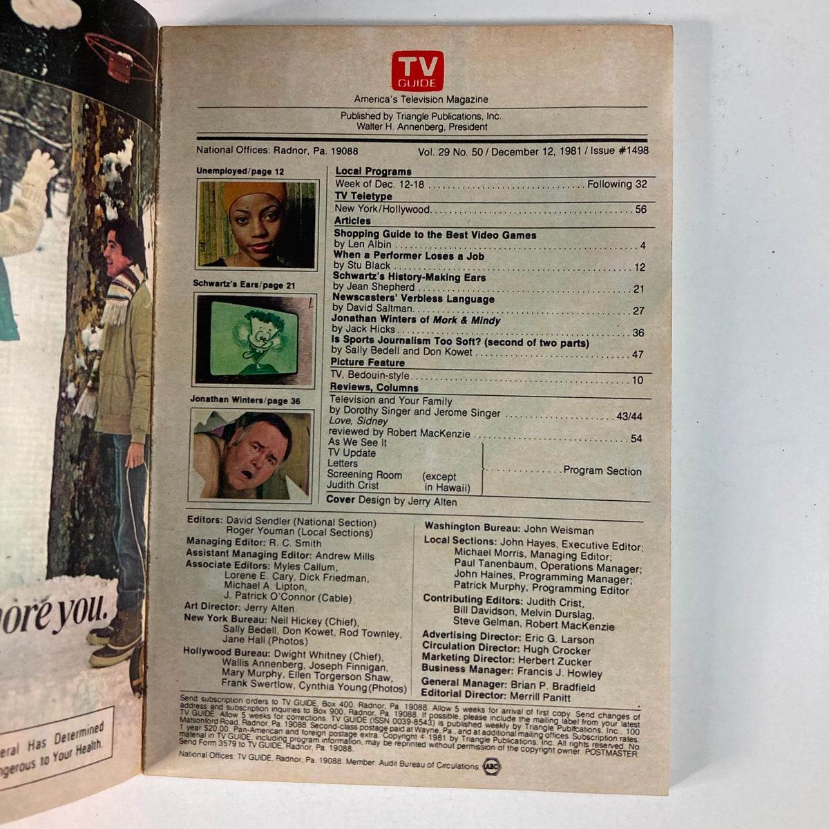 Inside page of TV Guide Magazine December 12 1981, issue #1498, showcasing the table of contents and various article highlights, including a special section on the best video games.