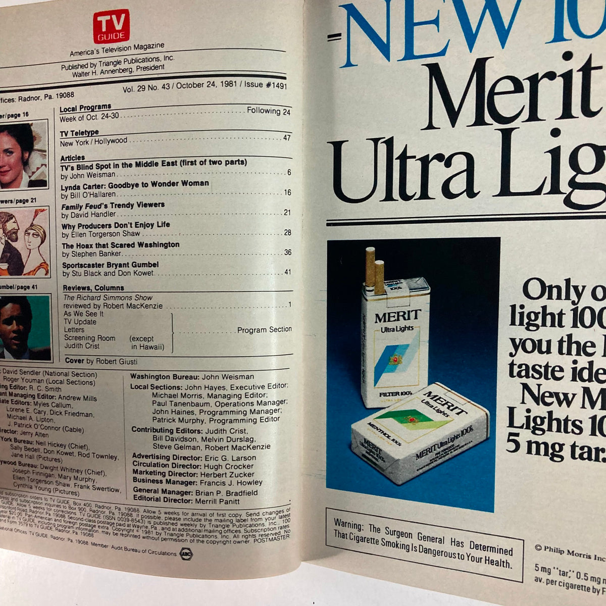 Inside page of TV Guide Magazine October 24 1981, Issue #1491, showing the table of contents and an advertisement for Merit Ultra Lights cigarettes.