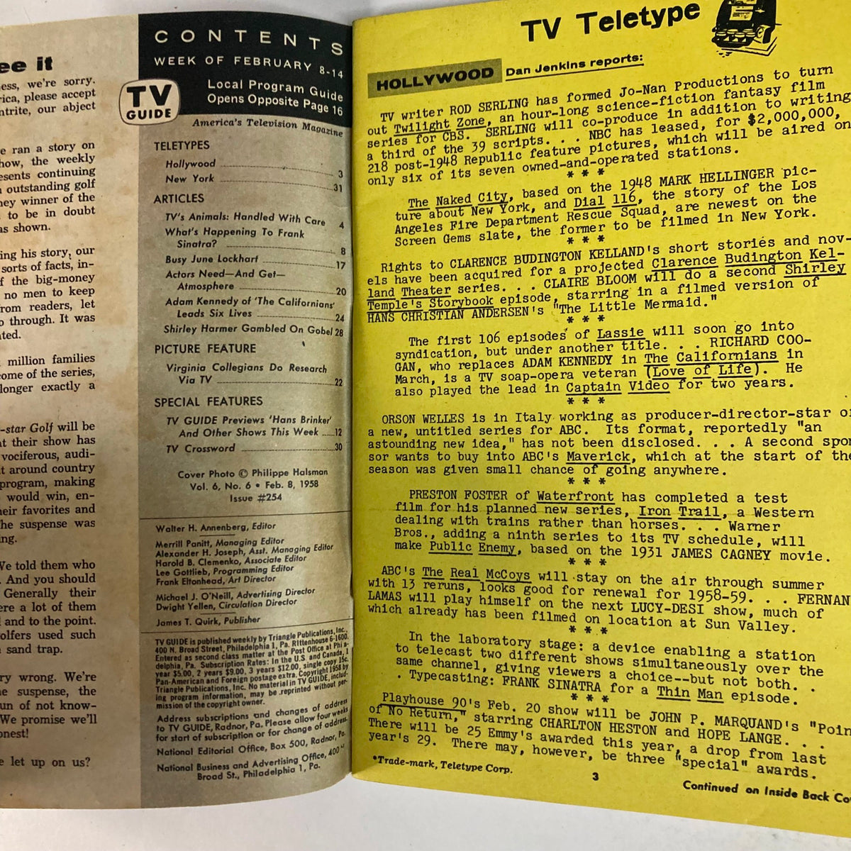 Inside page of TV Guide Magazine February 8 1958 displaying program listings and articles related to the era's television shows.
