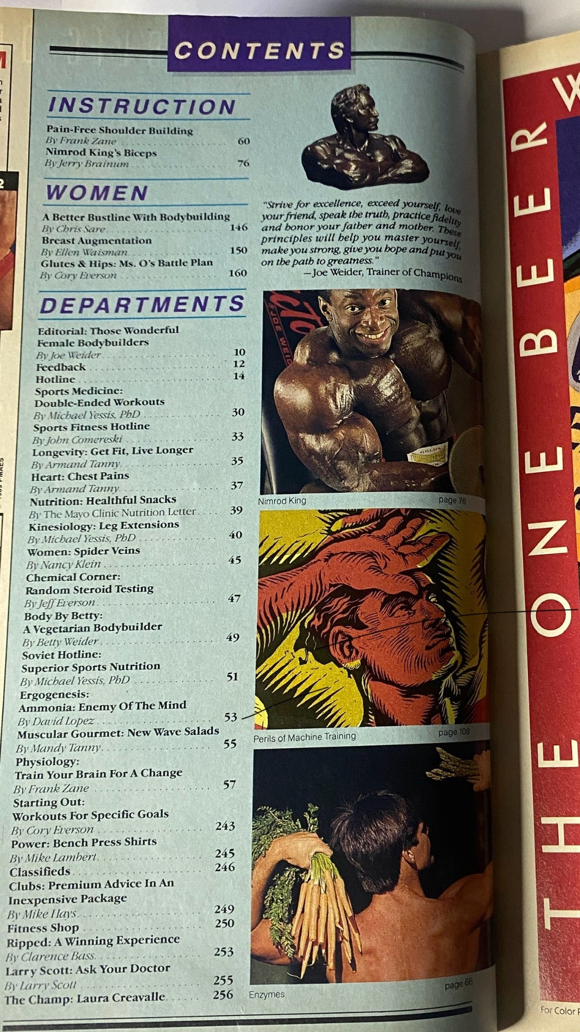 Contents page from Martha Stewart Living Magazine September 1996 featuring diverse categories such as workout tips and nutrition, alongside illustrations including a muscular bodybuilder, demonstrating a blend of health and lifestyle themes.