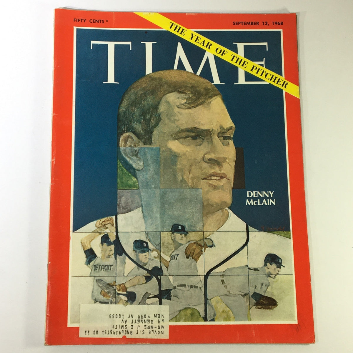 Vintage Time Magazine cover from September 13, 1968, featuring Denny McLain and titled 'The Year of the Pitcher'. The cover showcases a collage of baseball imagery and highlights McLain's significance during a pivotal moment in baseball history.