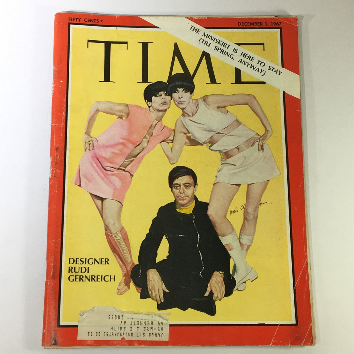 Vintage Time Magazine cover from December 1, 1967, featuring fashion designer Rudi Gernreich, showcasing models in avant-garde outfits with a bold yellow background.