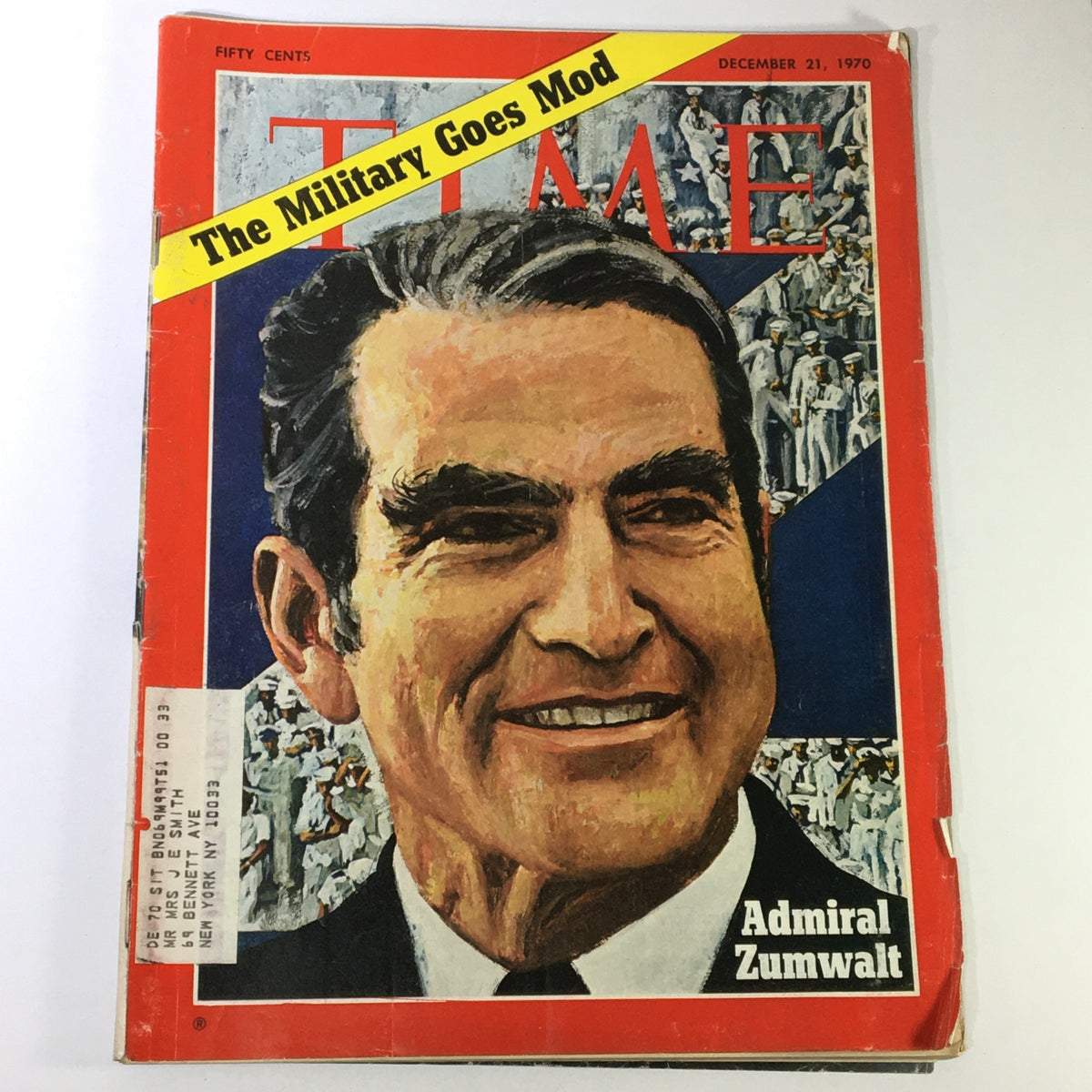 Vintage Time Magazine cover from December 21, 1970, featuring Admiral Elmo "Bud" Zumwalt, showcasing the headline 'The Military Goes Mod' with a vibrant illustration. This collectible magazine captures a significant era in American naval history.