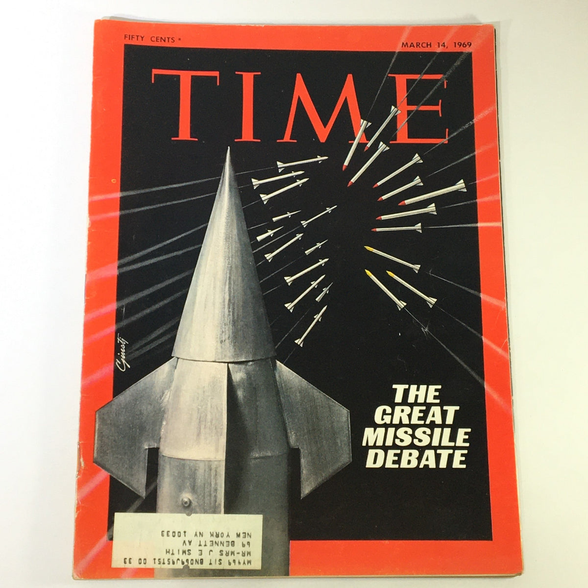 Vintage Time Magazine cover from March 14, 1969, showcasing 'The Great Missile Debate,' featuring a missile graphic and a striking red background that highlights Cold War tensions and missile defense discussions.