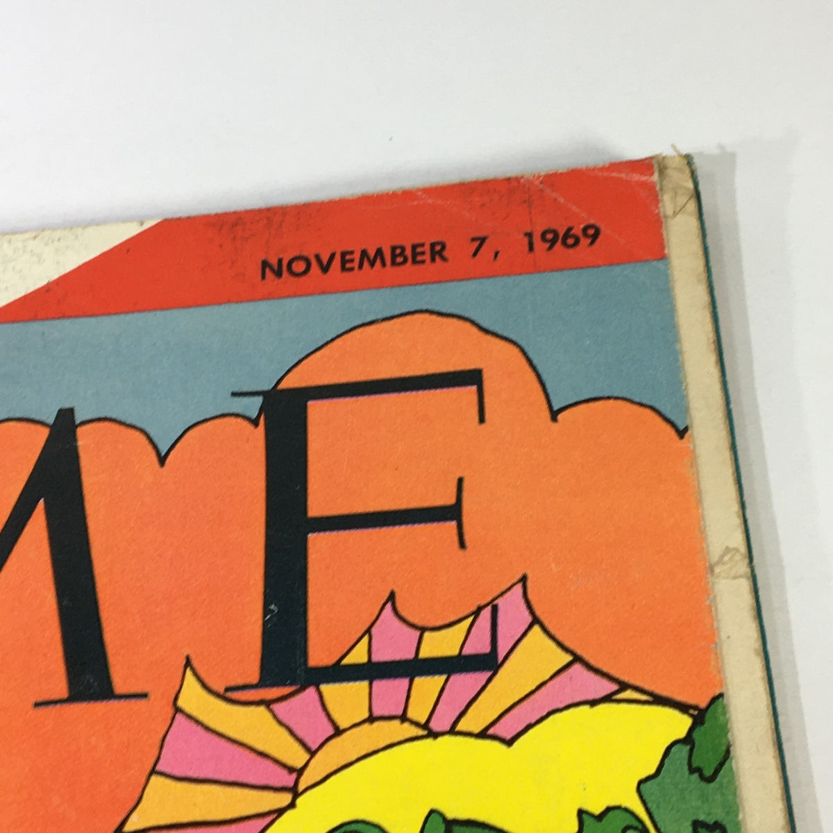 Close-up image of the date and partial title from VTG Time Magazine November 7 1969, highlighting its vintage design.