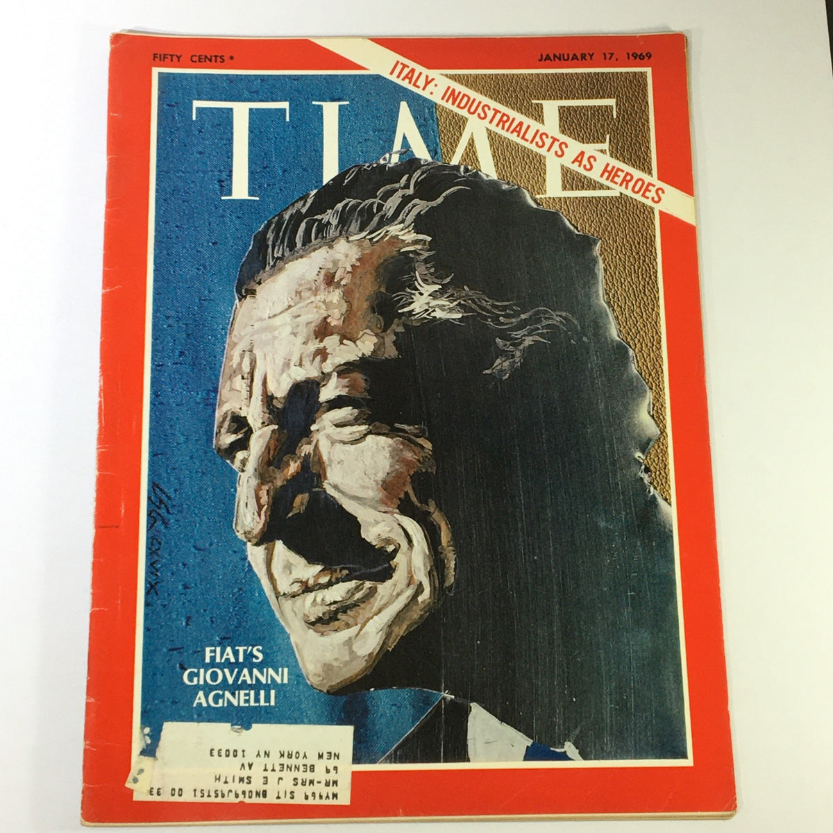 Vintage Time Magazine cover from January 17, 1969, featuring Fiat's Giovanni Agnelli with the title 'Italy: Industrialists as Heroes'. This collectible issue showcases Agnelli's influence on the automotive industry.