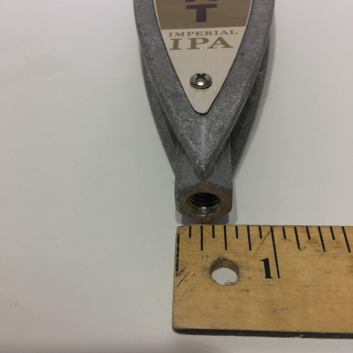 Detailed front view of the Vintage New Belgium Brewing Rampant Imperial IPA 11" Beer Tap Handle with a visible threading for attaching to a keg.