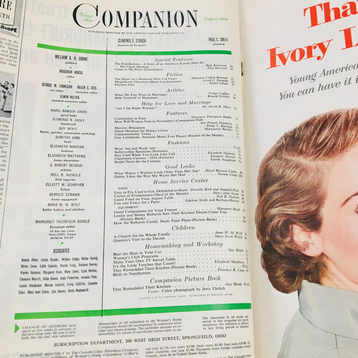 Inside layout of the Woman's Home Companion August 1954 displaying the table of contents, featuring articles and special features related to home and lifestyle.