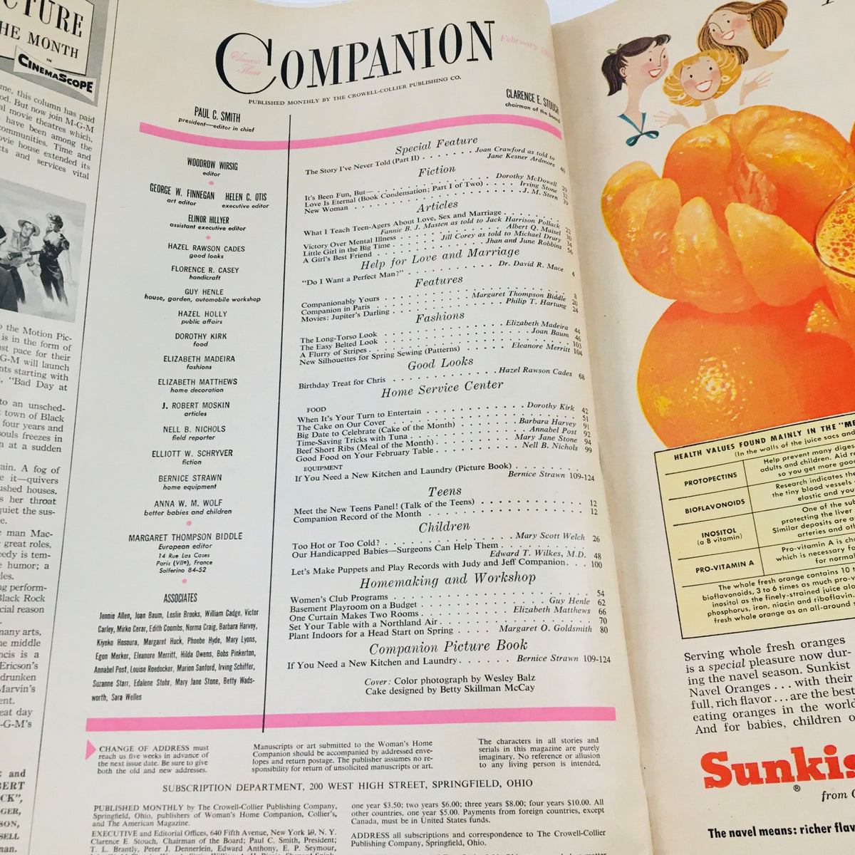 Woman's Home Companion February 1955 magazine interior page featuring table of contents and articles list, highlighting various features such as fashion, food, and special narratives.