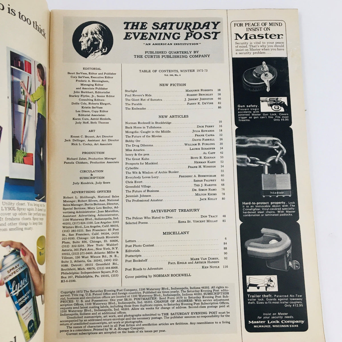 Interior page of The Saturday Evening Post Winter 1973 revealing the table of contents and editorial details, showcasing various articles including The Drug Dilemma.