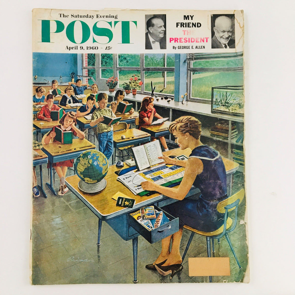 Cover of The Saturday Evening Post dated April 9, 1960, featuring students in a classroom scene, highlighting the article 'My Friend The President' with engaging illustrations.