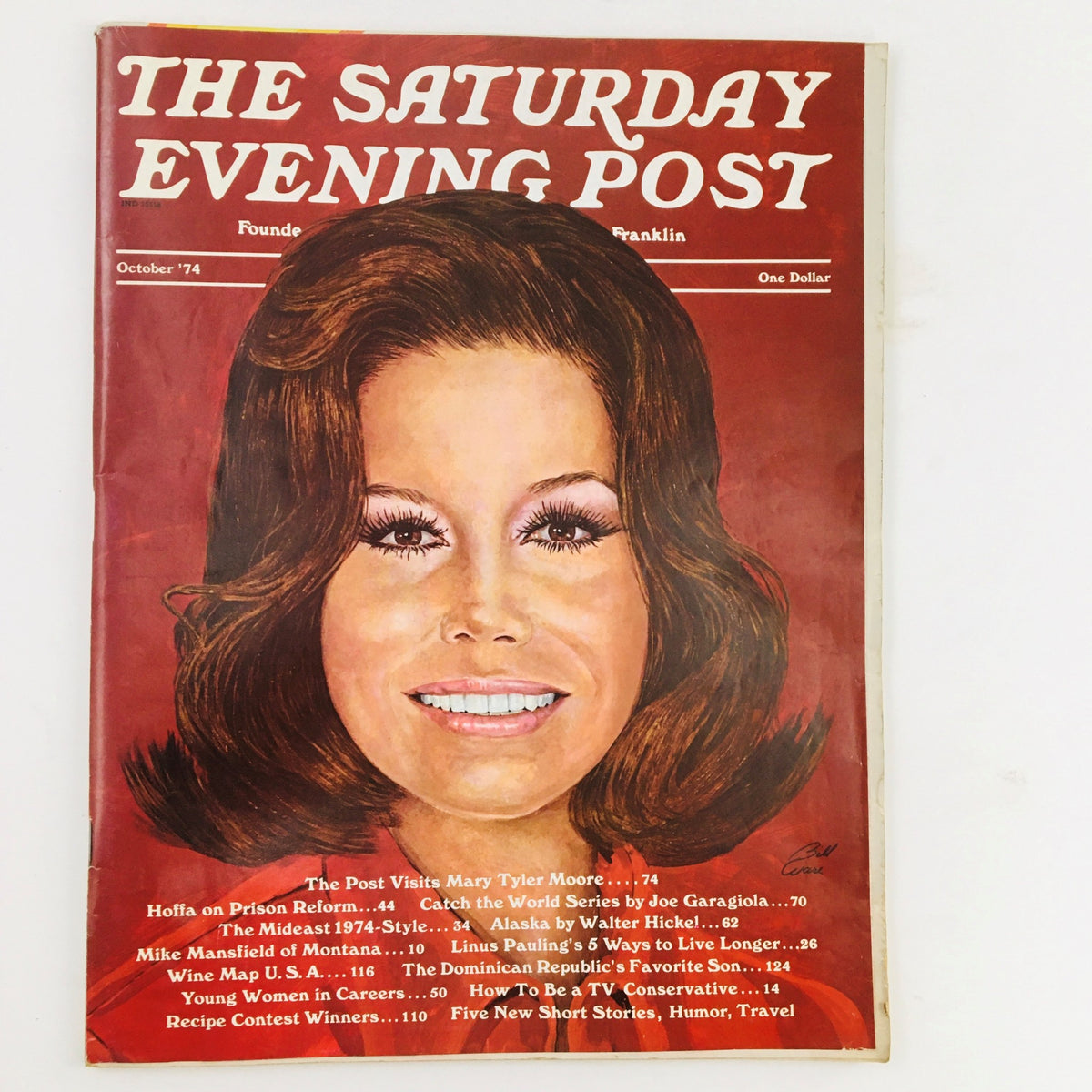 The Saturday Evening Post October 1974 cover featuring a vibrant illustration of Mary Tyler Moore with a charming smile. This vintage magazine showcases her significant role in television history during the golden age of sitcoms.