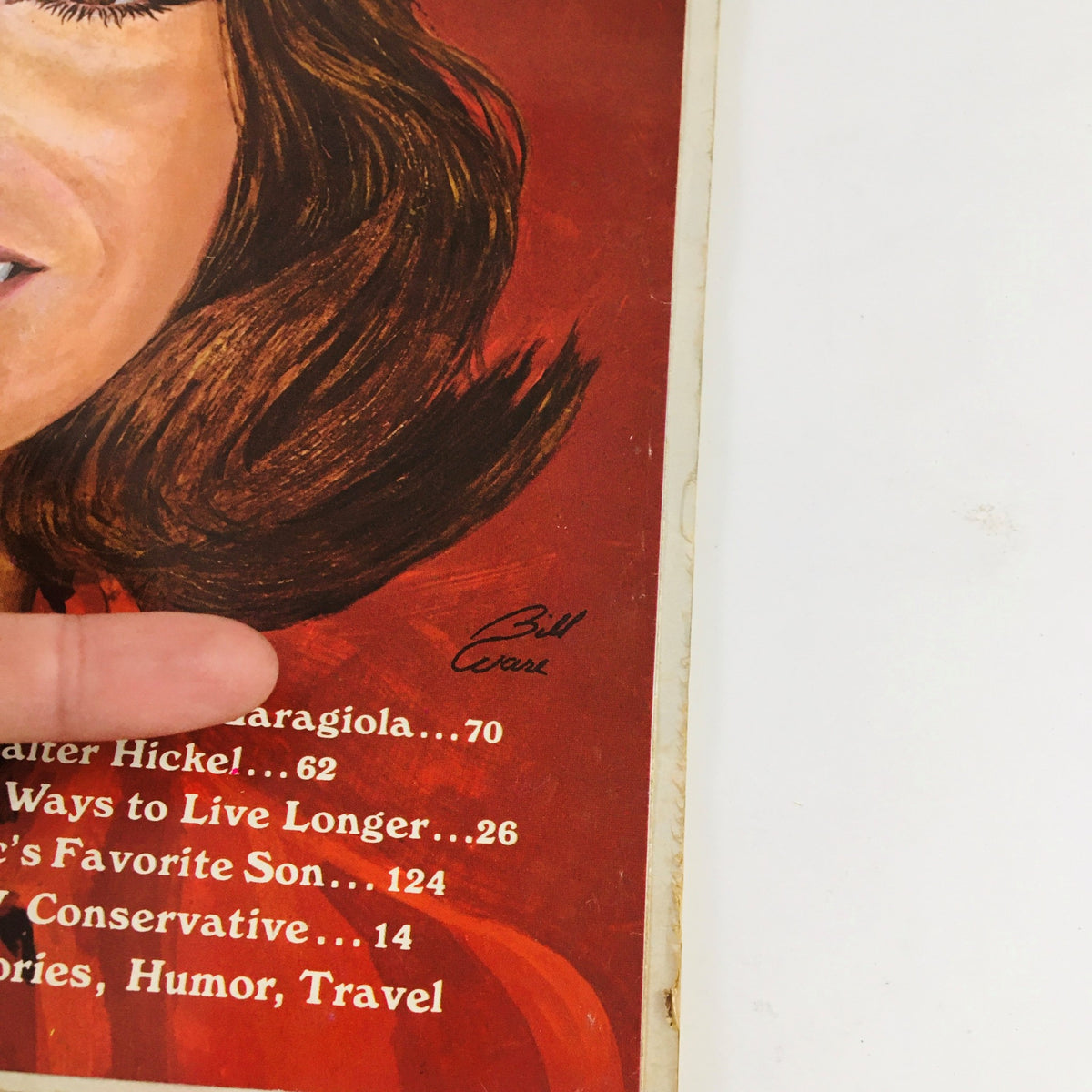 Close-up of the cover of The Saturday Evening Post October 1974, highlighting the detailed illustration of Mary Tyler Moore. The cover features various article teasers and includes the signature of the artist, Bill Ware.