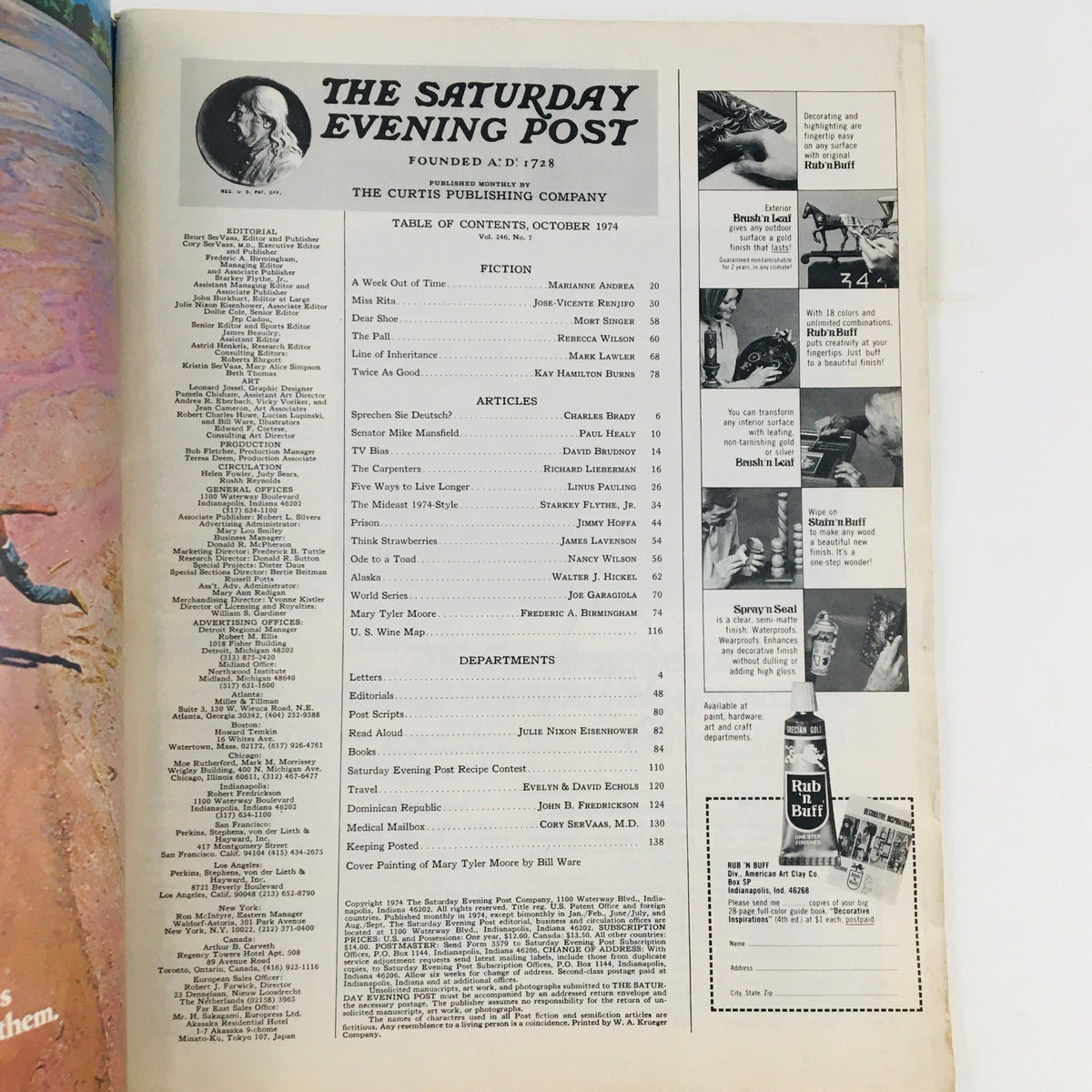 Table of contents from The Saturday Evening Post, October 1974 issue featuring Mary Tyler Moore. Includes sections on fiction and articles, showcasing the magazine's lineup for that month.