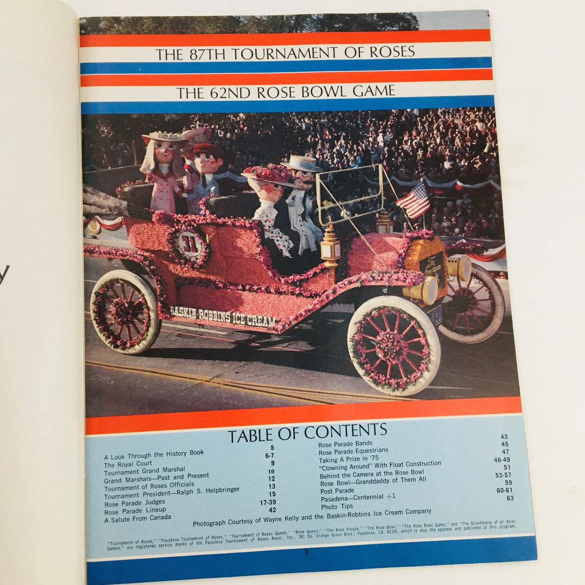 Cover of the 1976 Official Parade Souvenir Program featuring the 87th Tournament of Roses and the 62nd Rose Bowl Game with a decorated vintage car.