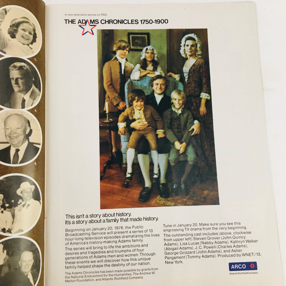 Inside page of the 1976 Official Parade Souvenir Program featuring a historical context narrative about the Adams Chronicles 1750-1900.