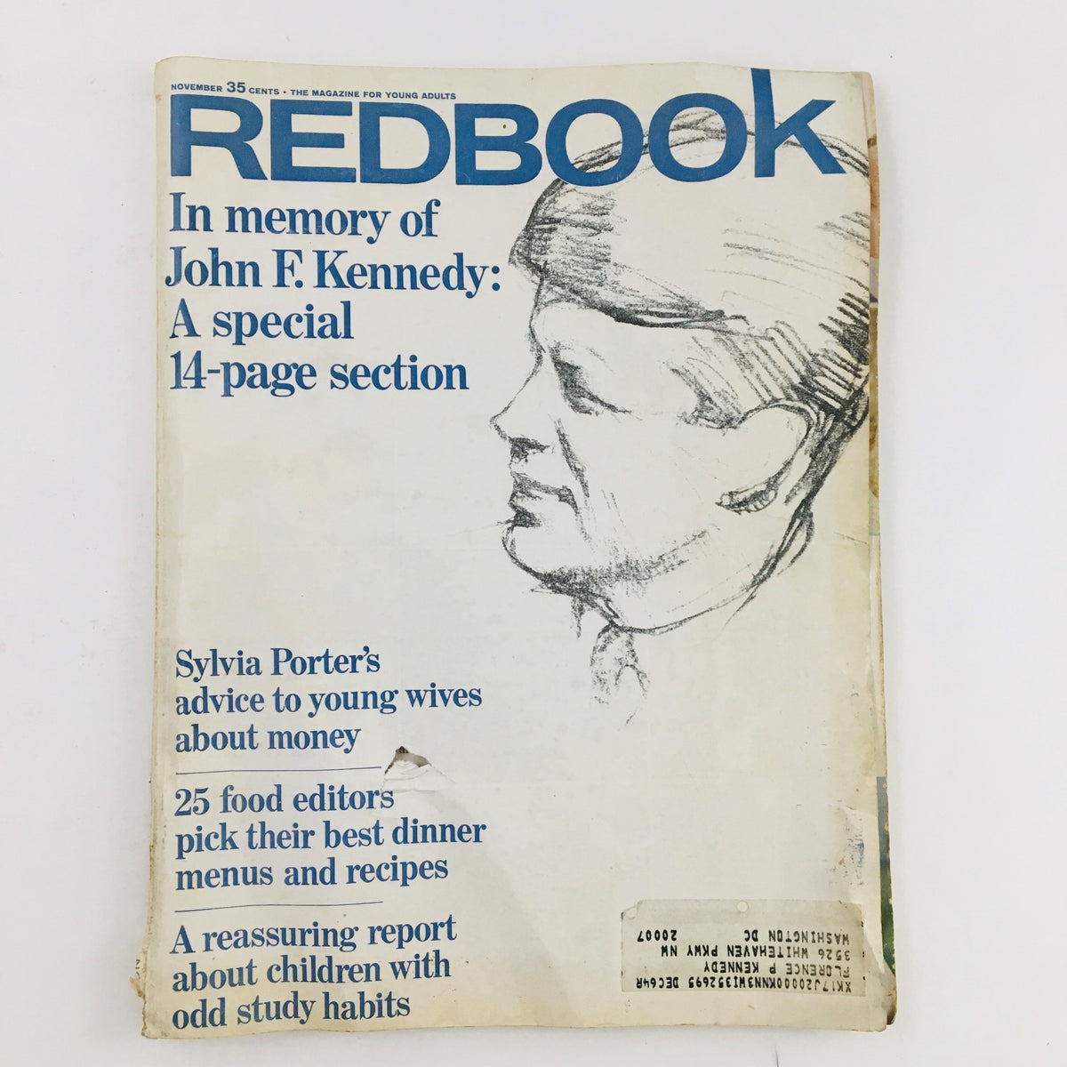Cover of Redbook Magazine, November 1964, In Memory of President John F. Kennedy, featuring a sketch of JFK and articles about women's advice and recipes.