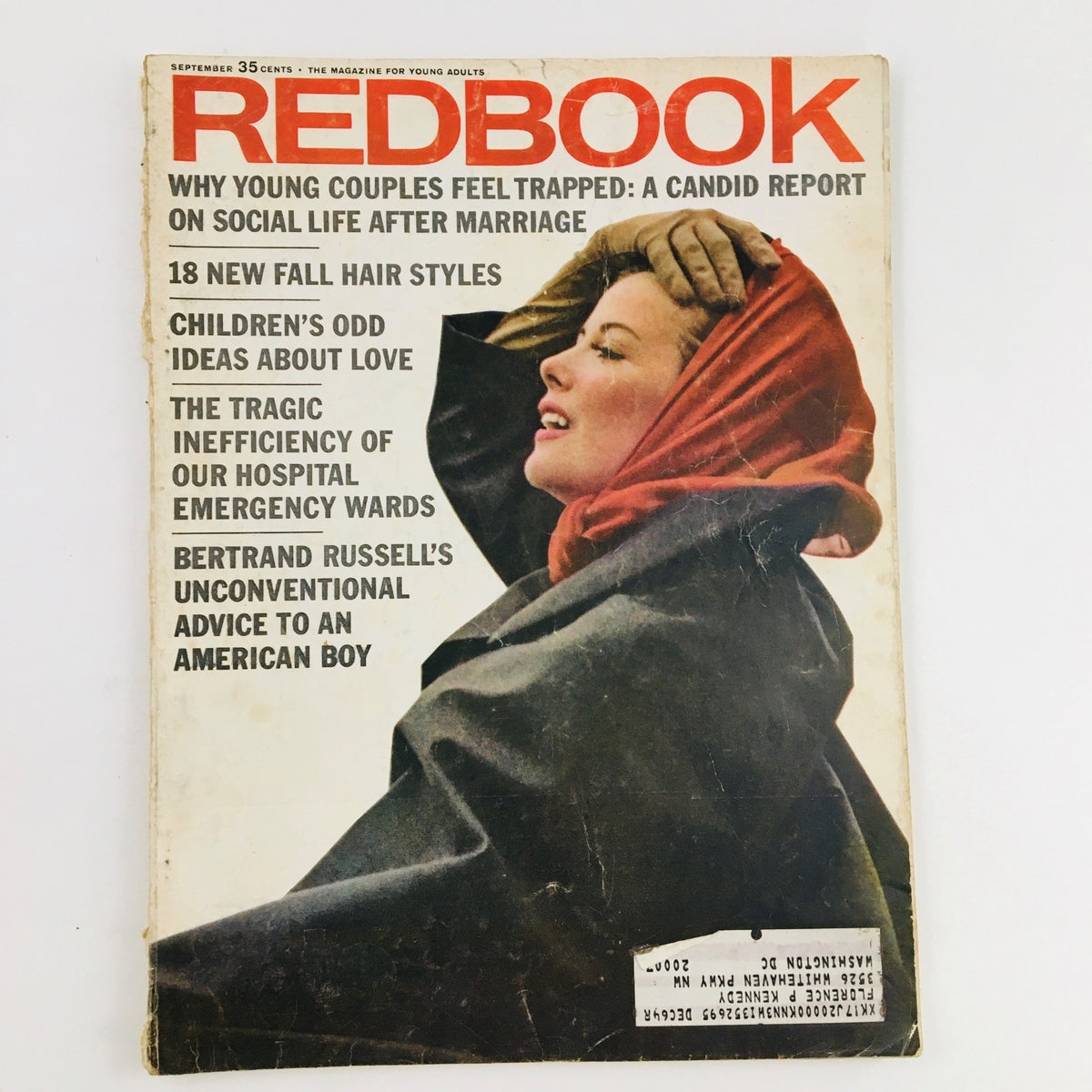 Cover of Redbook Magazine September 1964 featuring the title and an image of a young woman in a red scarf, illustrating Bertrand Russell's unconventional advice.