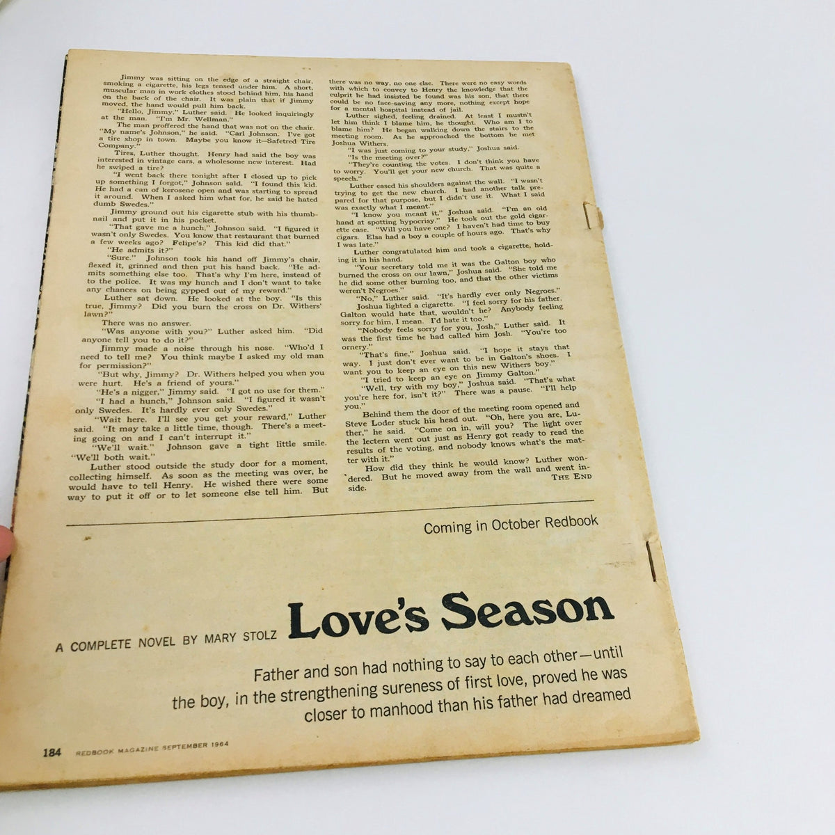 Interior page of Redbook Magazine September 1964 featuring a section of the story 'Love's Season', discussing the relationship between a father and son. This vintage magazine issue provides insights into cultural themes of the 1960s.