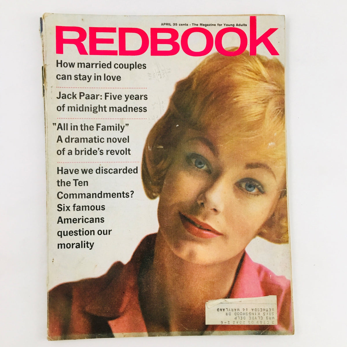Cover image of Redbook Magazine April 1962 featuring Jack Paar's article 'Five Years of Midnight Madness' and a blonde female model, showcasing colorful vintage magazine design.