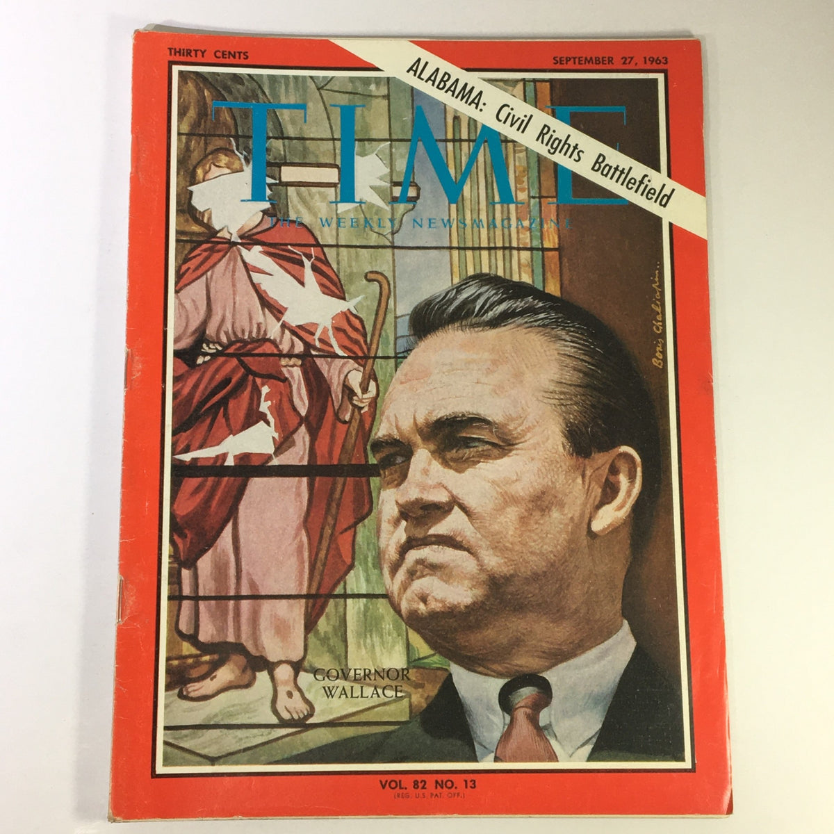 Vintage Time Magazine from September 27, 1963 featuring George Wallace, Governor of Alabama. The cover highlights the civil rights issues in Alabama with a striking illustration and title. This collectible magazine offers insights into a significant historical period.