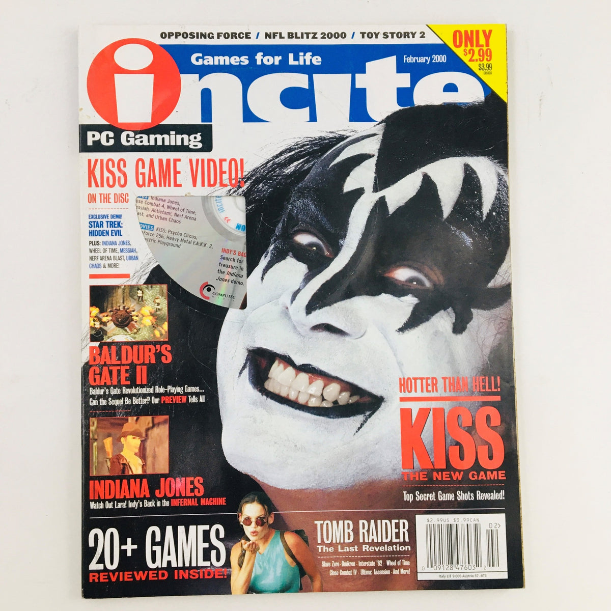 Incite Magazine February 2000 featuring Kiss: The New Game cover with a striking black and white image of a band member's face paint.
