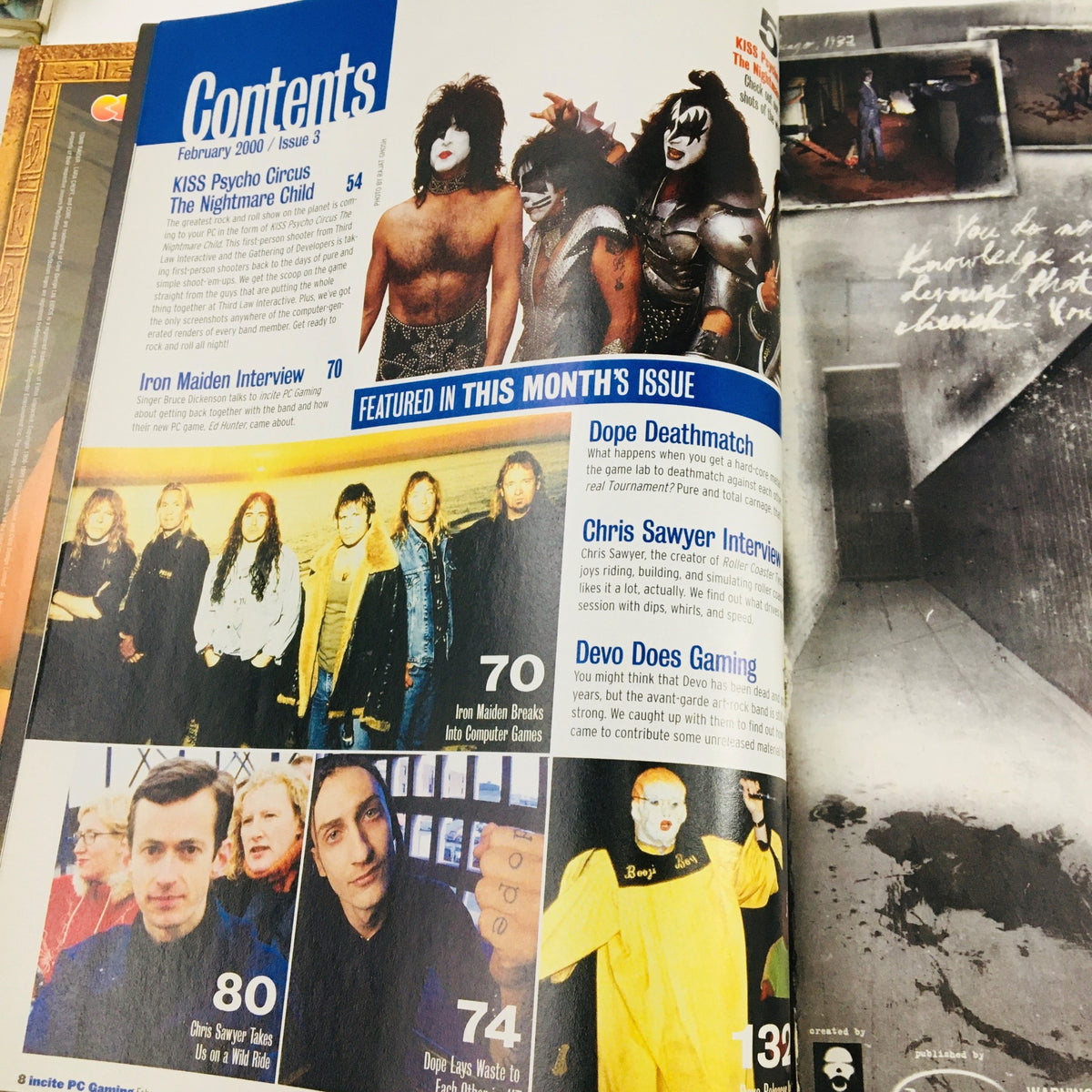 Contents page of Incite Magazine February 2000 highlighting features, interviews, and notable cultural references, including KISS and Iron Maiden.