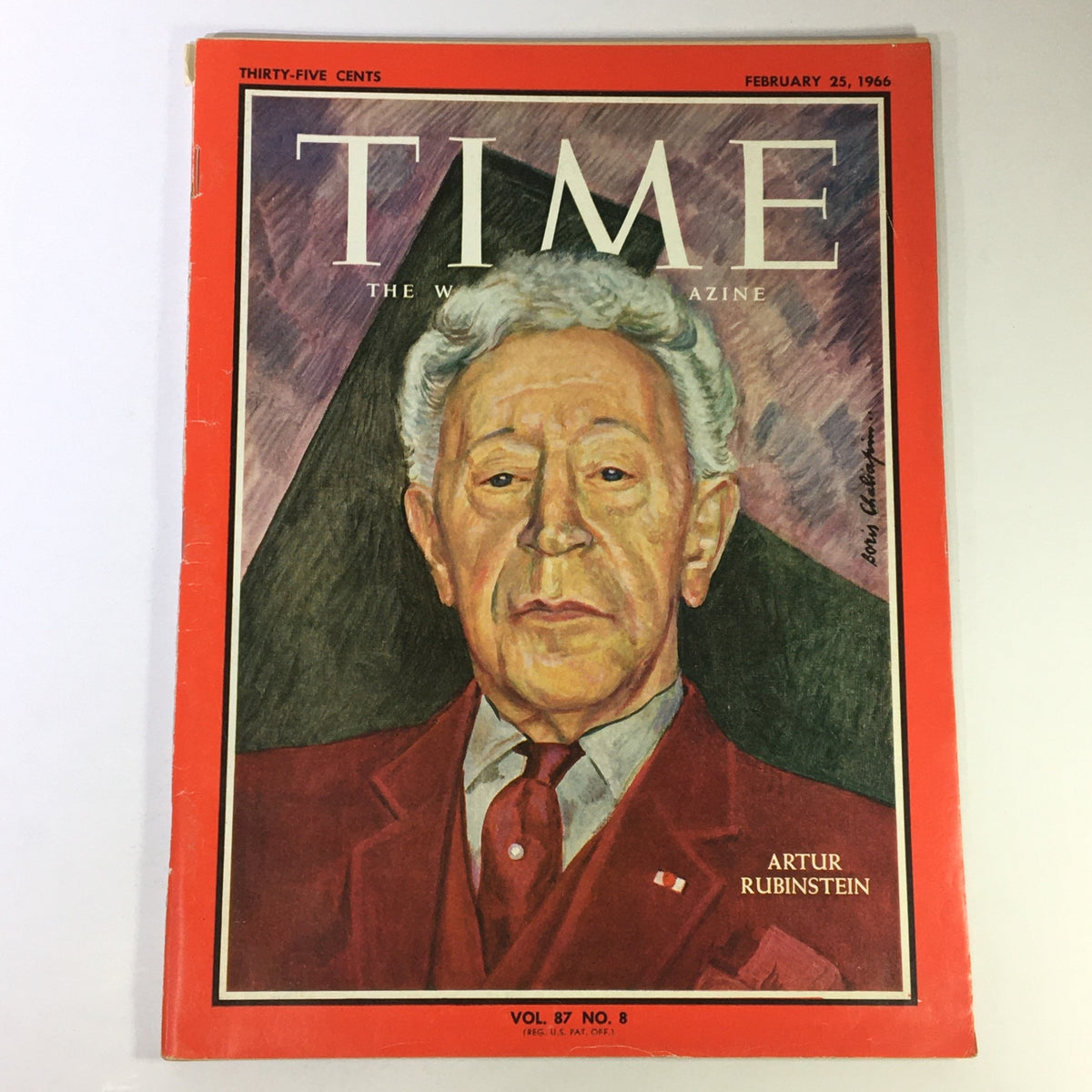 Cover of VTG Time Magazine February 25 1966 featuring Arthur Rubinstein, showcasing a portrait of the renowned American-Polish pianist against a colorful background.