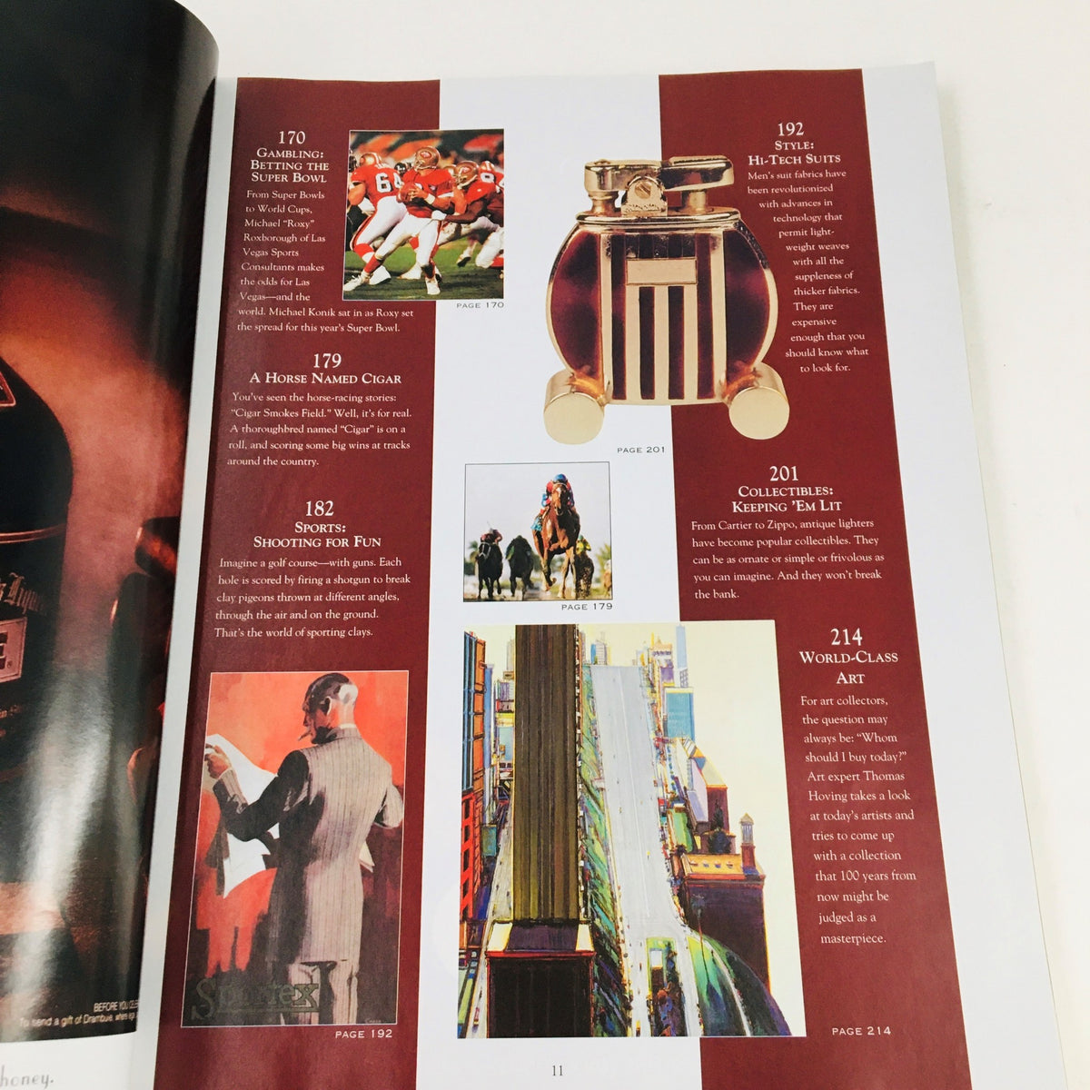 Interior page of the Summer 1995 issue of Cigar Aficionado Magazine featuring articles on gambling, sports, and collectibles, including a notable cover story on Jack Nicholson titled 'Cigar Aficionado Magazine Summer 1995: Jack Nicholson - Hollywood Rogue'.