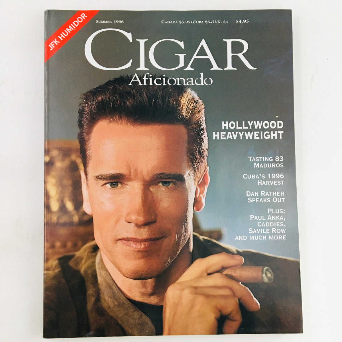 Cigar Aficionado Magazine Summer 1996 featuring Arnold Schwarzenegger on the cover, showcasing a vintage design with headlines highlighting cigar topics and pop culture.