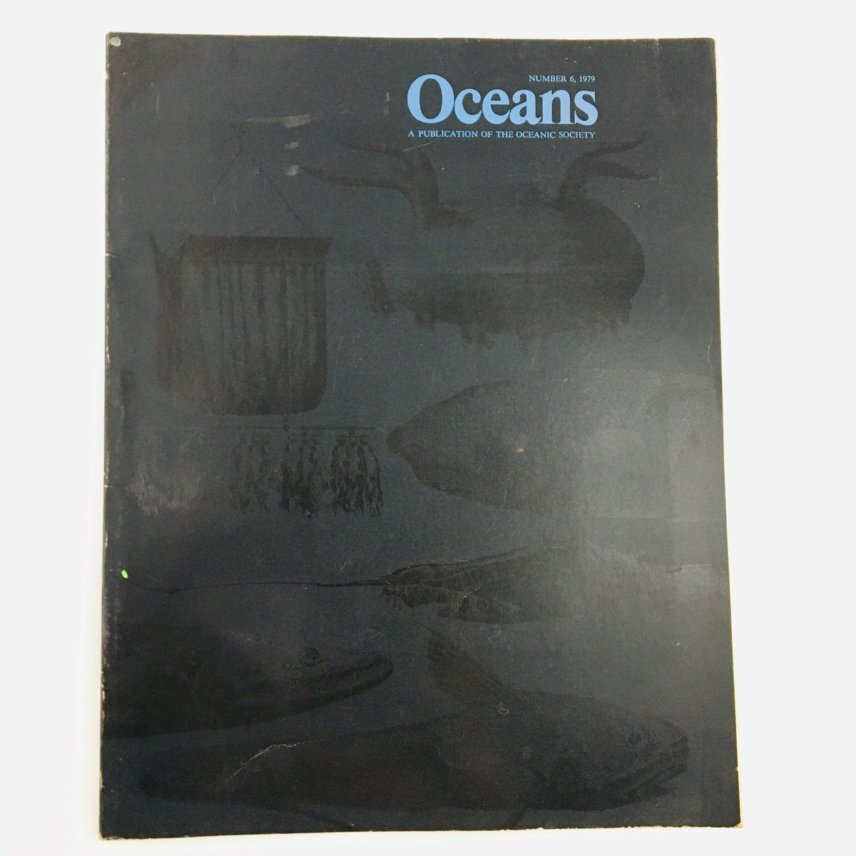 Cover of Oceans Magazine, November 1979 Vol 12 No. 6 featuring etchings of deep-sea fish, published by the Oceanic Society.