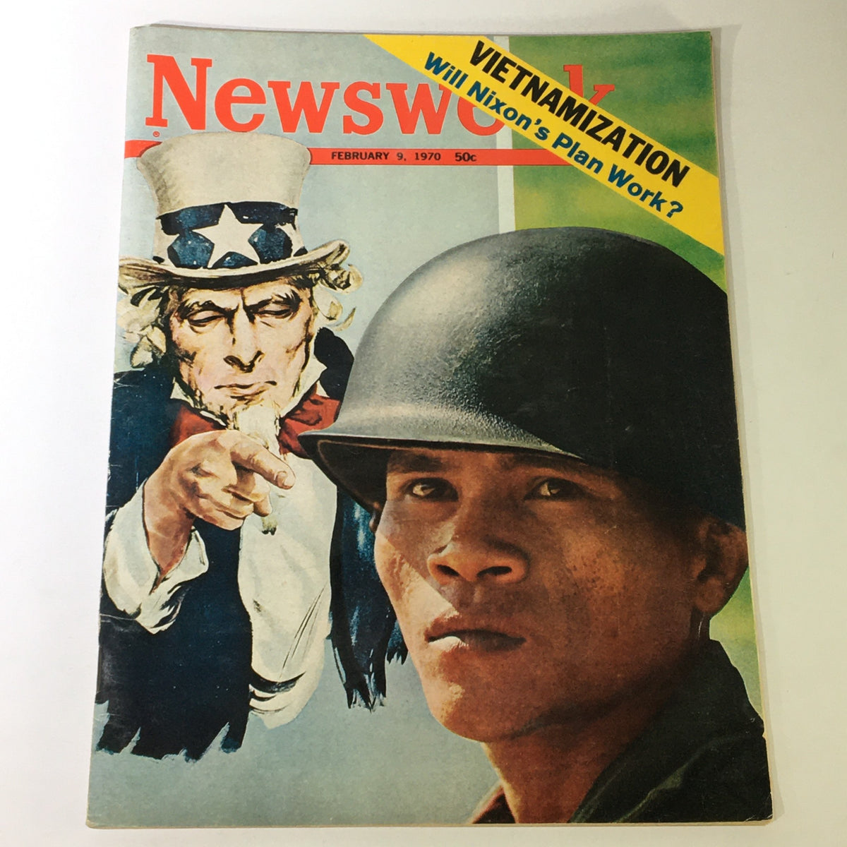 Cover of VTG Newsweek Magazine from February 9, 1970, featuring an illustration of Uncle Sam pointing and a soldier, highlighting the theme of Vietnamization and Richard Nixon's Plan.