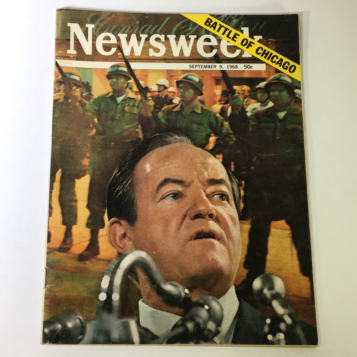 Vintage Newsweek magazine from September 9, 1968, featuring Hubert Humphrey with a focus on the Battle of Chicago, showcasing historical political events of the 1960s.
