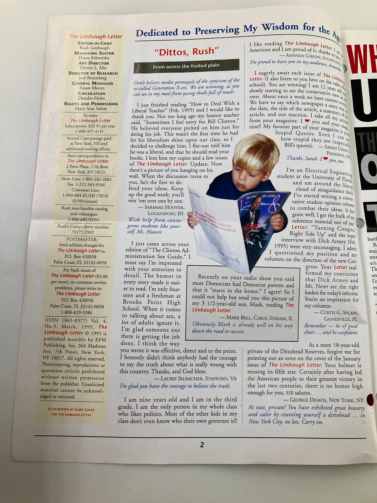 Interior page of Rush Limbaugh Letter Newsletter Magazine March 1995, displaying the editorial content and layout, including reader comments and feedback regarding political discourse.