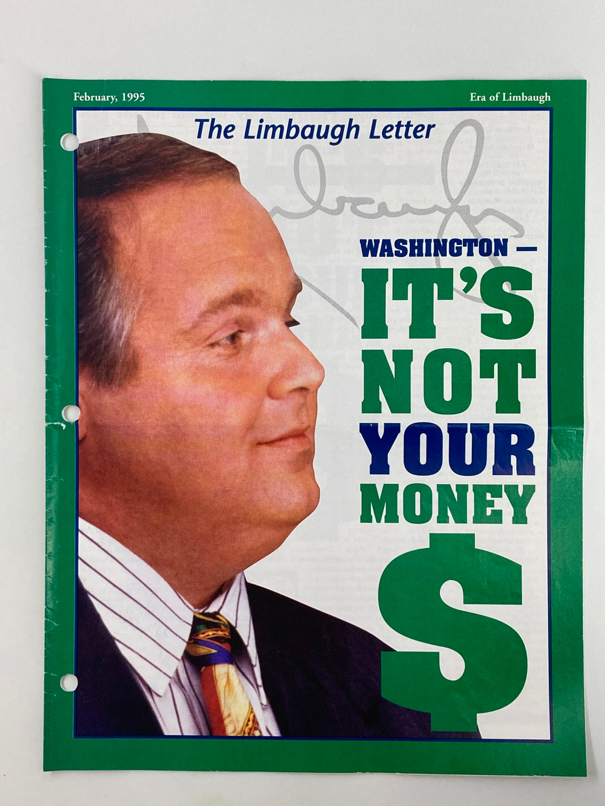 Cover of Rush Limbaugh Letter Newsletter Magazine February 1995 titled 'It's Not Your Money' featuring Rush Limbaugh's portrait and colorful layout.