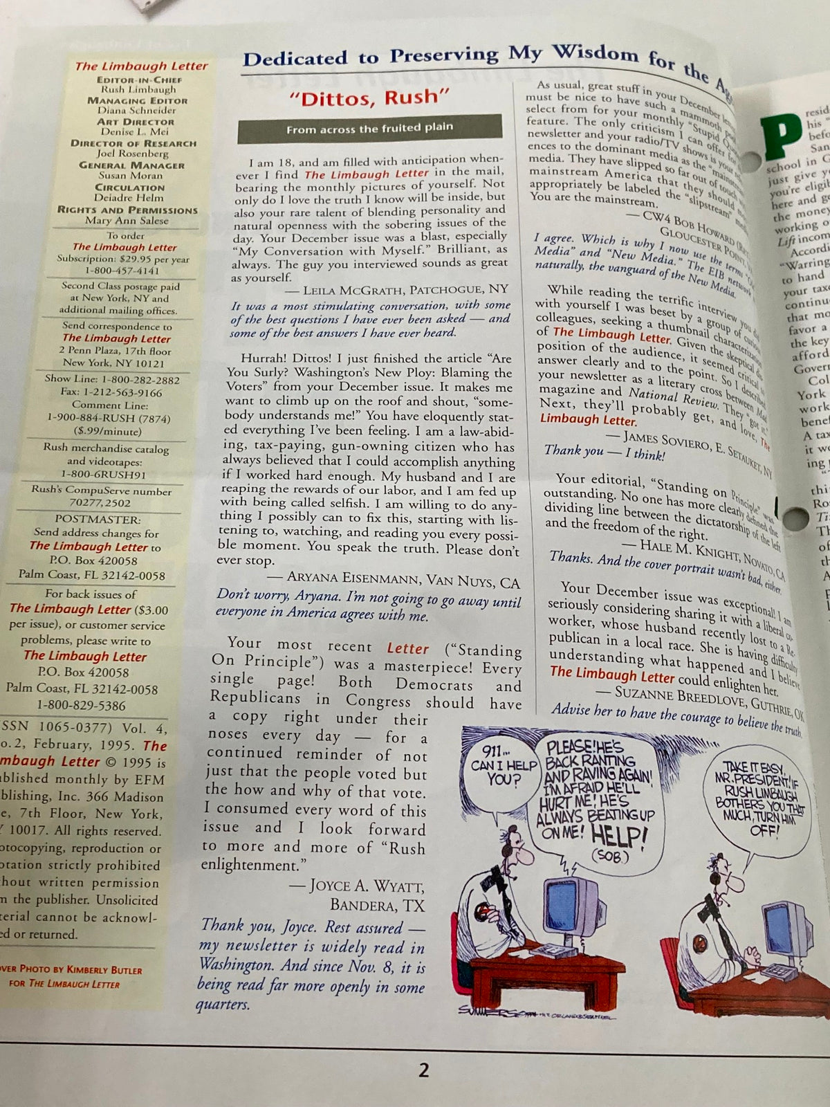 Page from Rush Limbaugh Letter Newsletter Magazine February 1995 featuring reader letters and humorous cartoon related to current events, reflecting Limbaugh's unique commentary style.