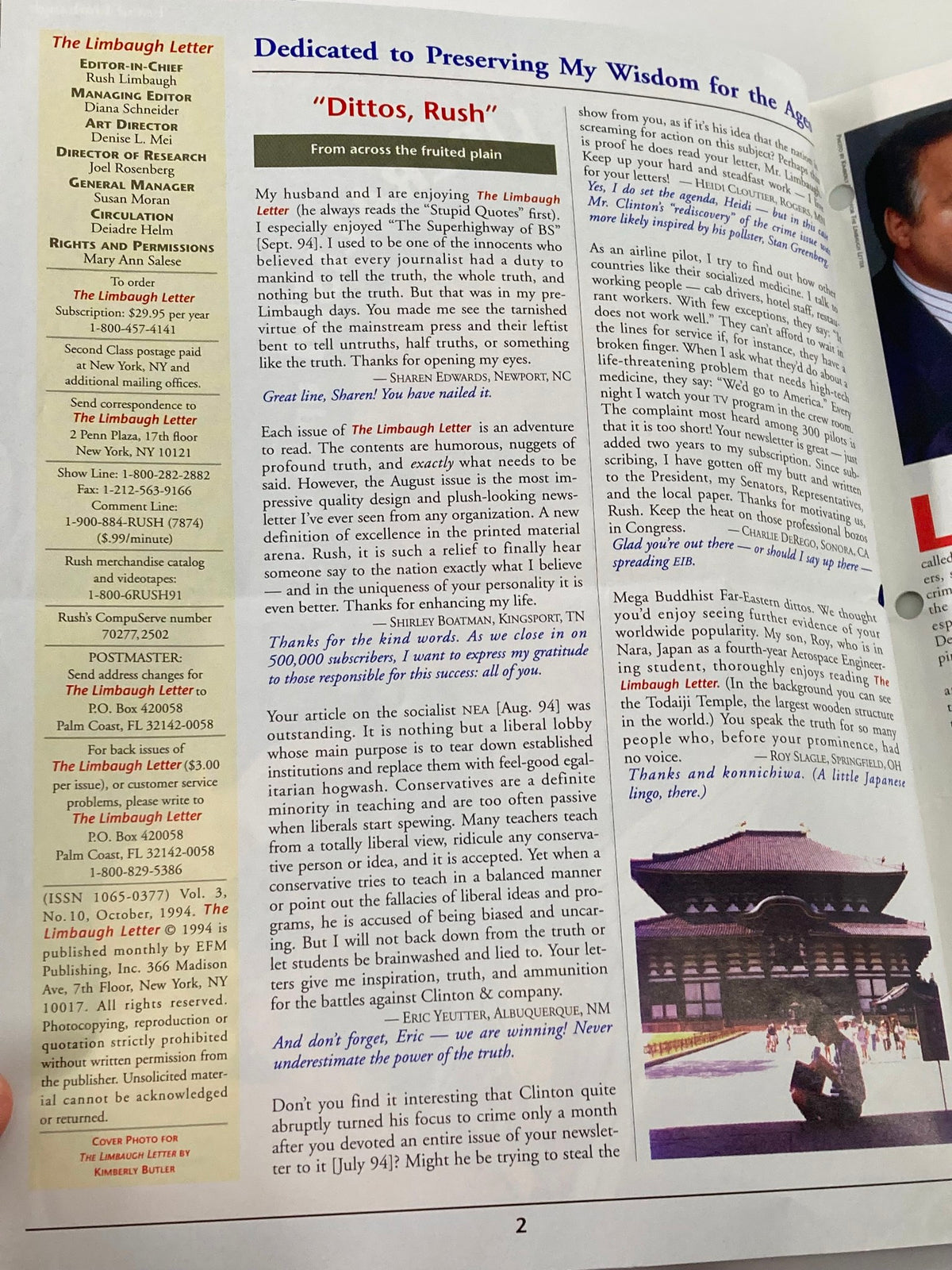 Inside page of the Rush Limbaugh Letter Newsletter Magazine from October 1994, displaying the section titled "Dittos, Rush" with commentary on the political context of the 1990s.