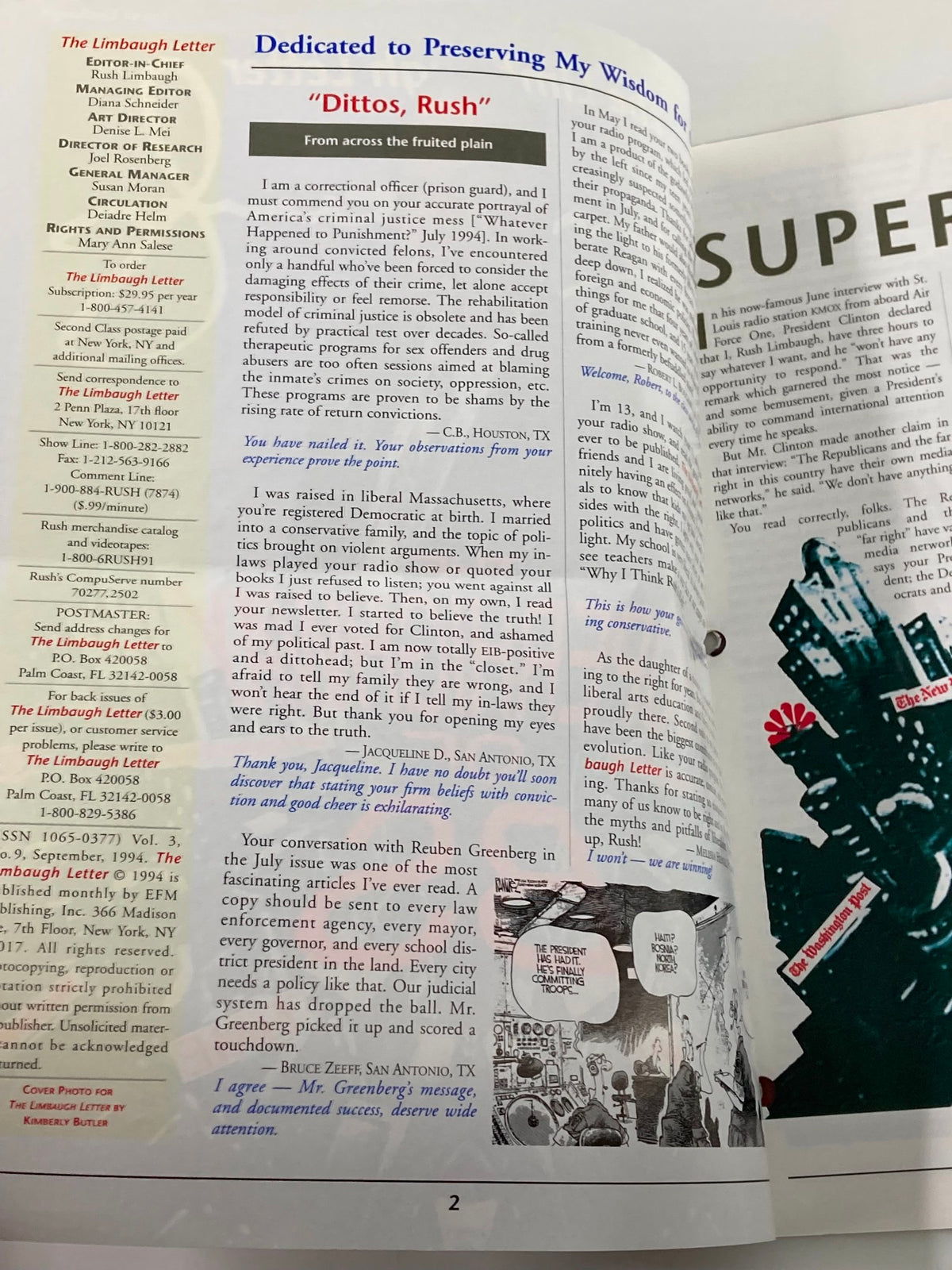 Interior page of Rush Limbaugh Letter Newsletter Magazine, September 1994, titled 'The Superhighway of BS', featuring an article with responses from readers and political commentary, showcasing the magazine's engaging content.