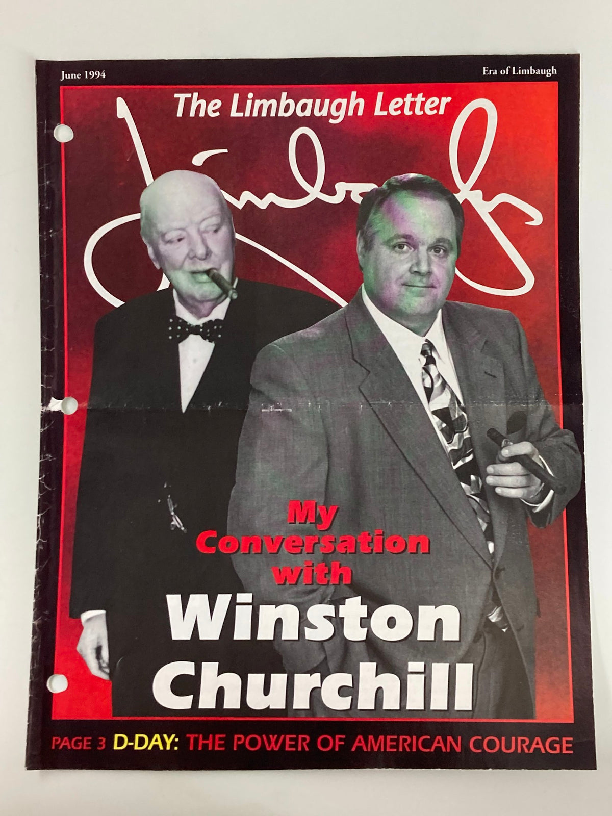 Rush Limbaugh Letters Newsletter Magazine June 1994 featuring a cover image of Winston Churchill and Rush Limbaugh, showcasing the theme 'My Conversation with Winston Churchill'.