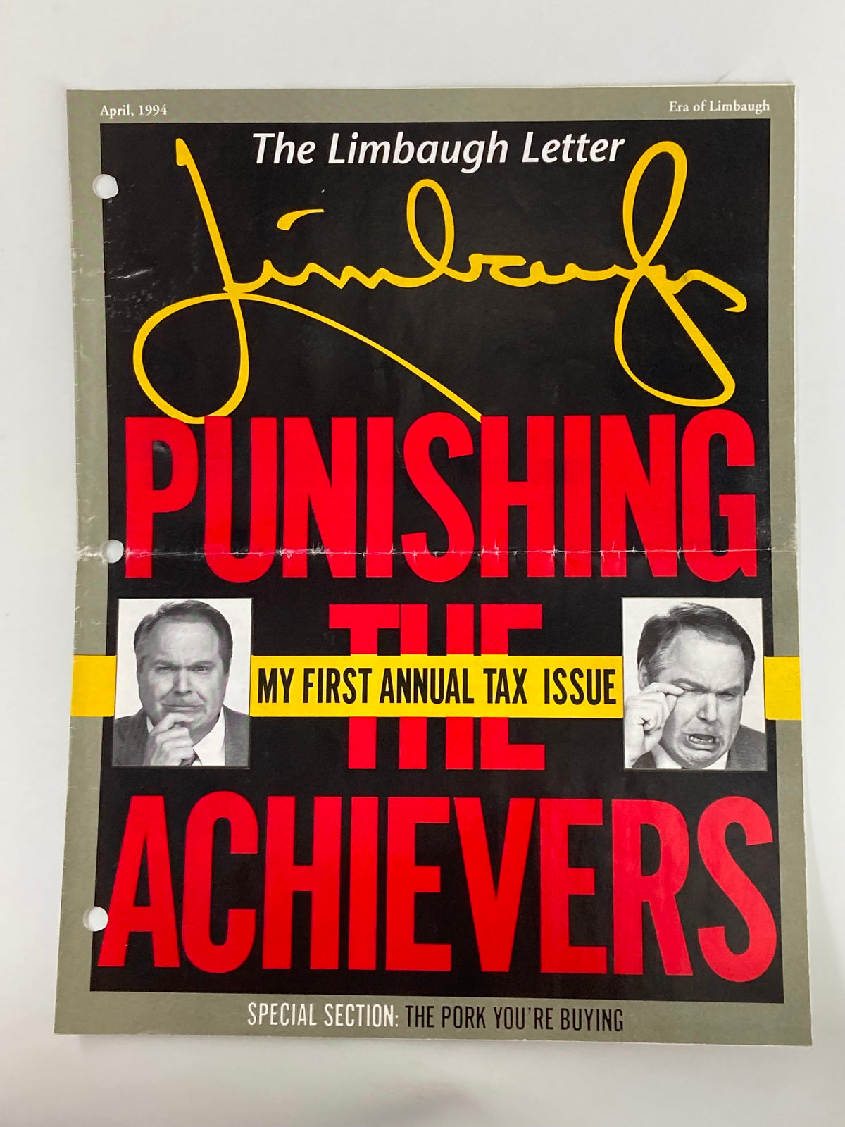 Cover of the Rush Limbaugh Letter Newsletter Magazine, April 1994 edition titled 'Punishing The Achievers', featuring Limbaugh's signature and images of famous personalities with the tagline 'My First Annual Tax Issue'.