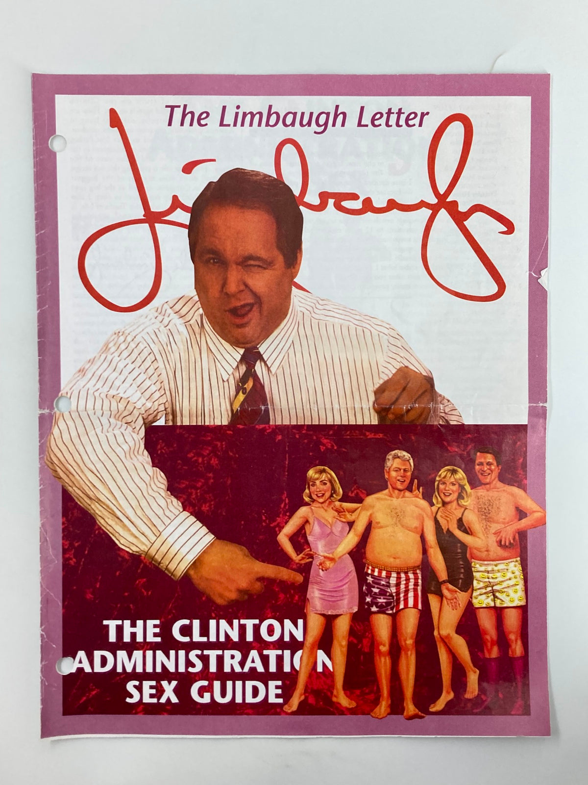 Cover of the Rush Limbaugh Letter newsletter from March 1994 featuring a humorous depiction of the Clinton Administration with a vintage design and illustrations of people in swimwear.