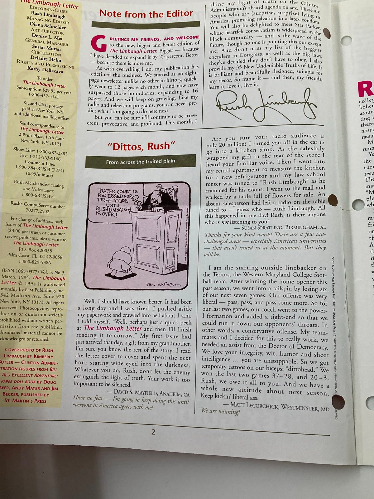 March 1994 edition of the Rush Limbaugh Letter magazine featuring a note from the editor, commentary on the Clinton Administration, and a humorous cartoon titled 'Dittos, Rush'. The page highlights various editorial insights and reflections on political themes from that era.