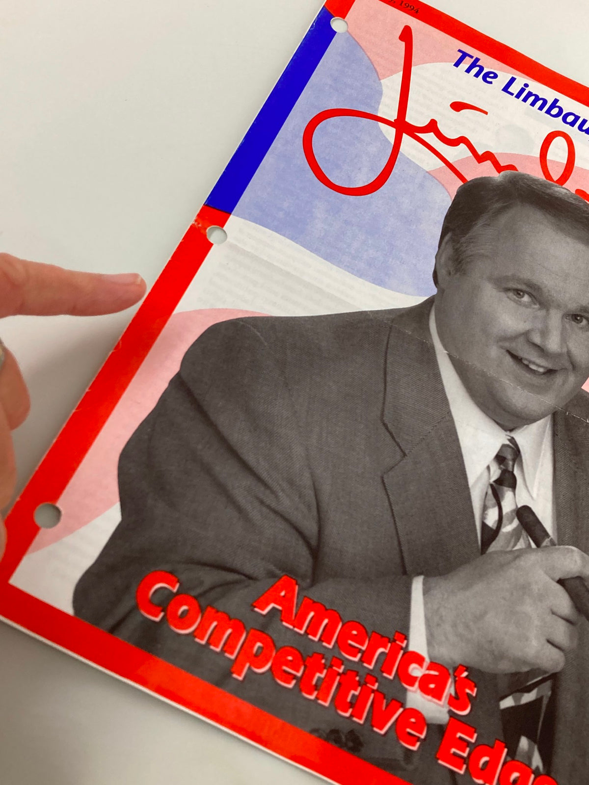 Close-up view of the Rush Limbaugh Letter Newsletter Magazine January 1994 cover highlighting the title 'America's Competitive Edge' with Rush Limbaugh's image and signature.