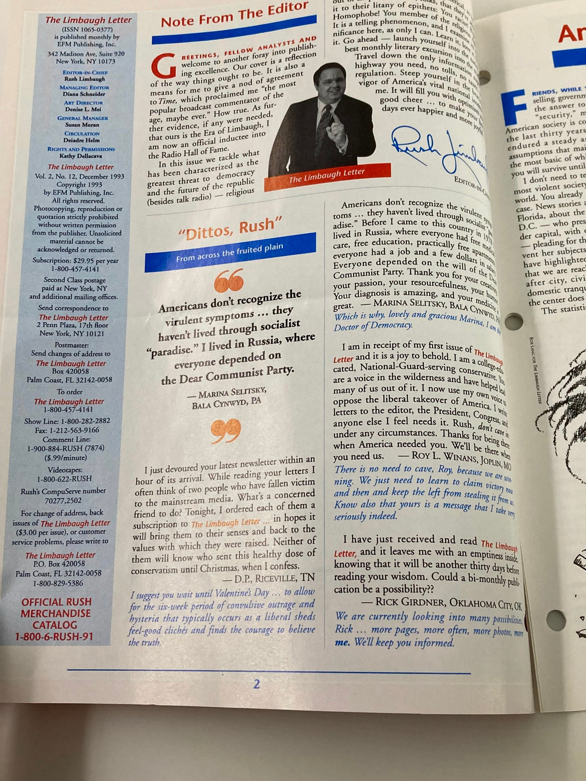 Inside page of the Rush Limbaugh Letters Newsletter December 1993, including a note from the editor and commentary reflecting the political climate of the early 90s.