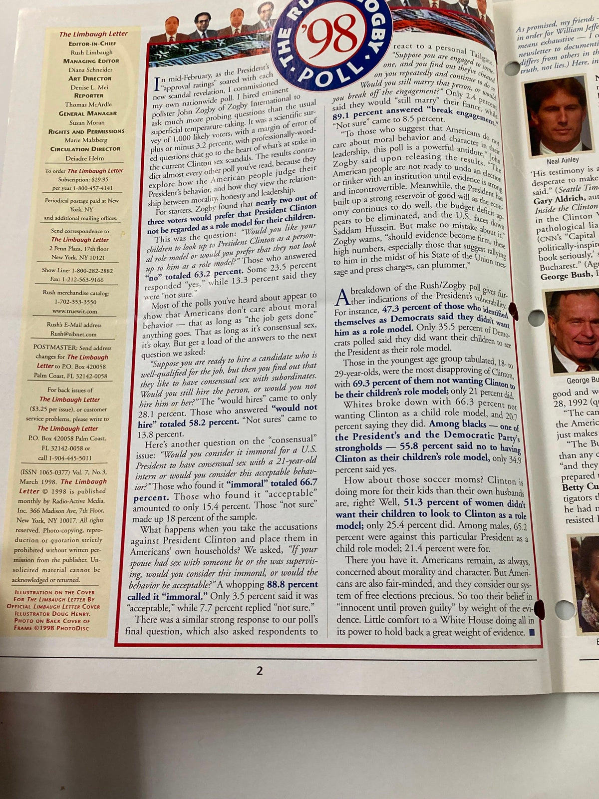 Inside page of the Rush Limbaugh Letter Newsletter Magazine from March 1998 showcasing the '98 Poll results and political commentary related to Bill Clinton's presidency.
