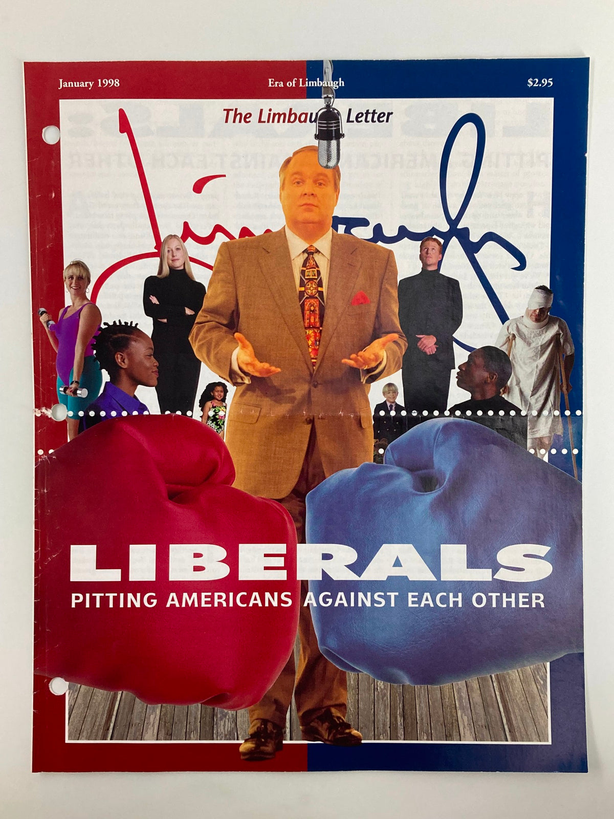 Rush Limbaugh Letter Newsletter Magazine January 1998 cover featuring the title 'LIBERALS PITTING AMERICANS AGAINST EACH OTHER' with imagery of Rush Limbaugh and various individuals surrounding him.