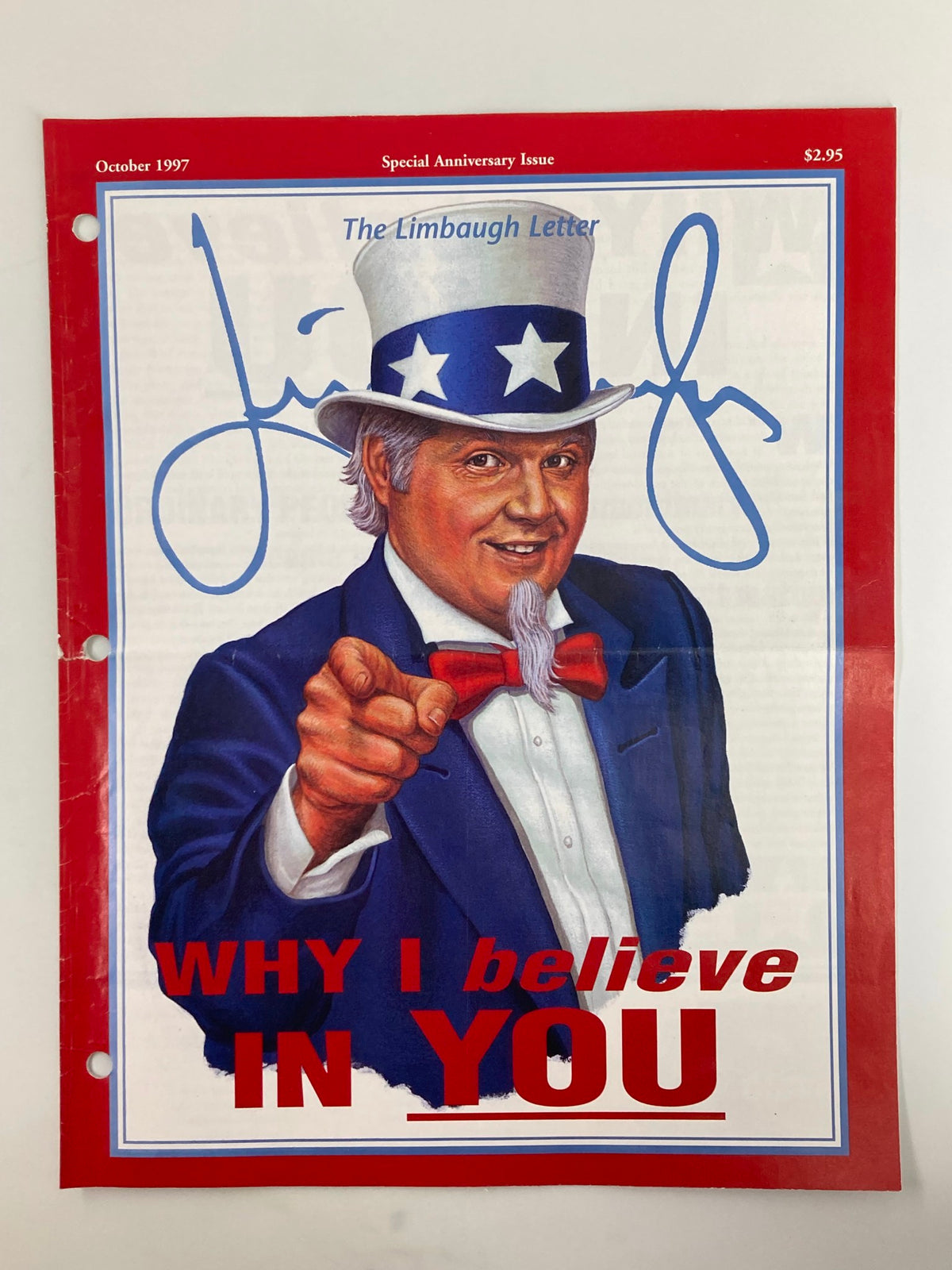 Cover of the Rush Limbaugh Letter Newsletter Magazine from October 1997 titled 'Why I Believe You', featuring a stylized illustration of Rush Limbaugh in a patriotic outfit, emphasizing his influential political commentary.